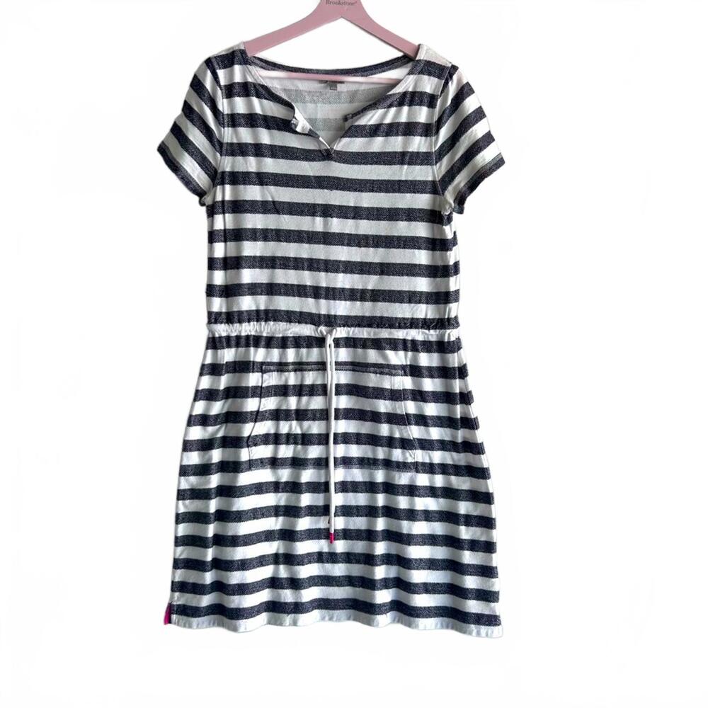 T by Talbots Navy & White Stripe Cotton Short Sleeve Drawstring Dress | Large
